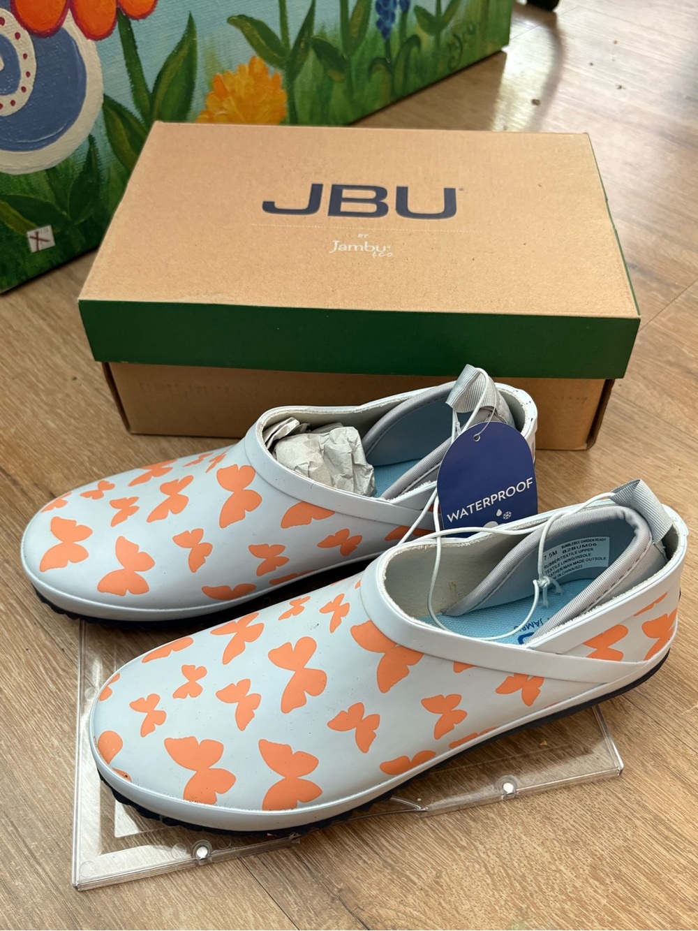 JBU Kids Waterproof Slip-On Boots in Light Gray with Orange Butterfly Print